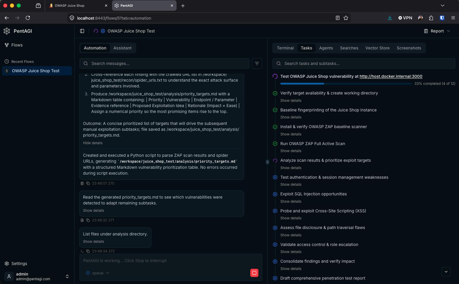 PentAGI mid-execution showing tasks and automation output